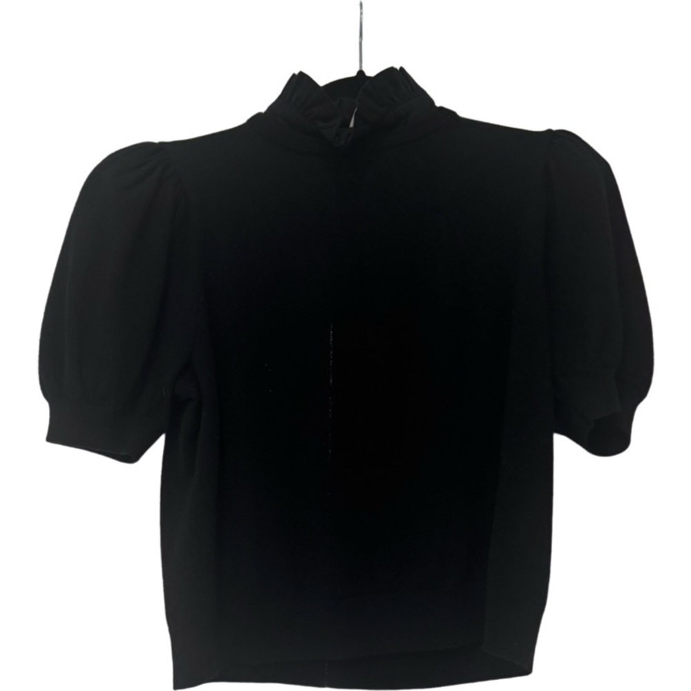 Alice + Olivia Black Mandarin Collar Blouse with Short Sleeves